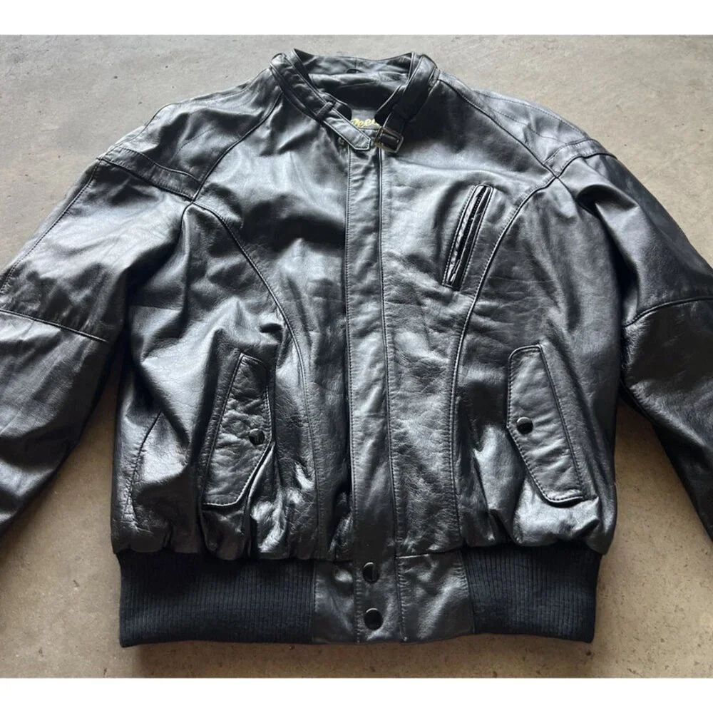 Vintage Reed Leather Black Motorcycle Plaid Lined Jacket Men’s Sz Large 48